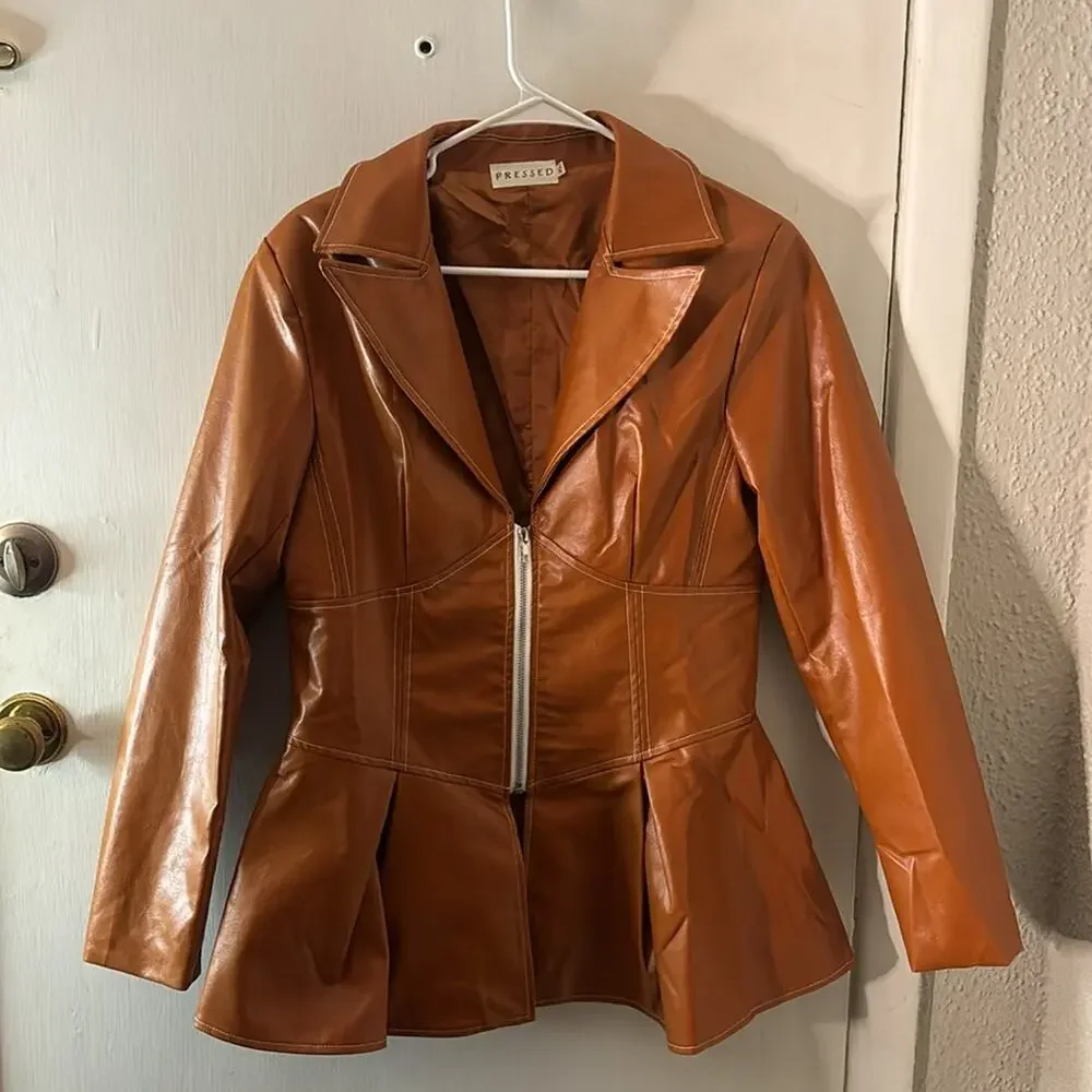 Pressed Brown Zip Up Peplum PU Jacket Swing Coat XL Boho Indie Rocker Glam Retro - Picture 5 of 12
